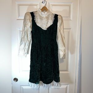 Gunne Sax Dark Green Velvet and Cream Lace Dress